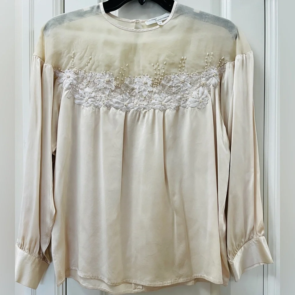 VTG Silk Belle Femme Organza Lace Pearl Blouse Romantic Sheer Yoke Size 10 - Picture 4 of 6
